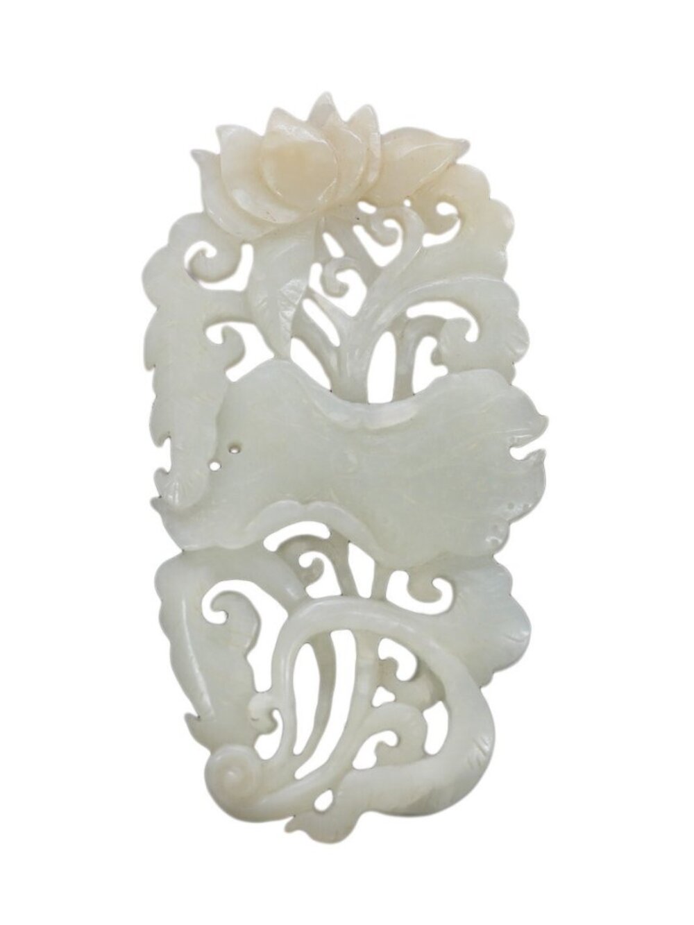 Openwork Chinese White Hetian Jade Pendant w Lotus & Ruyi